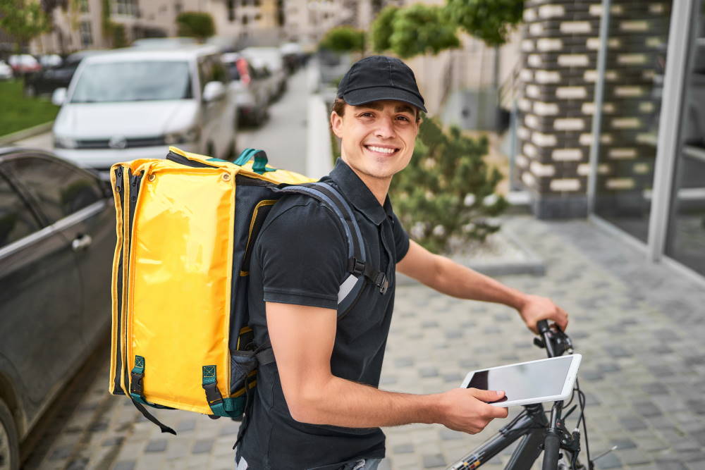 portrait-happy-delivery-man-uniform-bicycle-near-modern-house-with-yellow-backpack